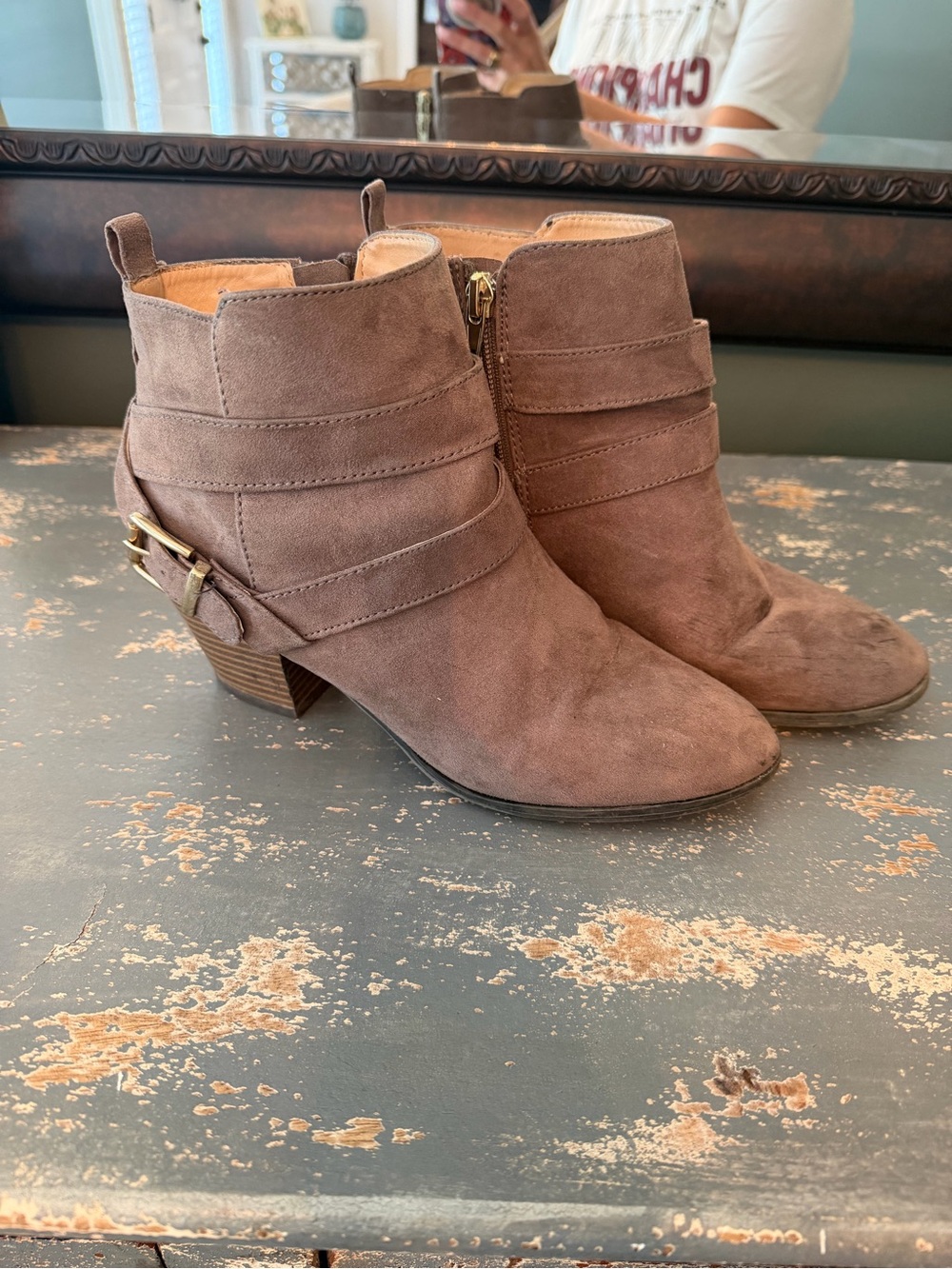Express Taupe Suede Ankle Booties with Buckle Detail
